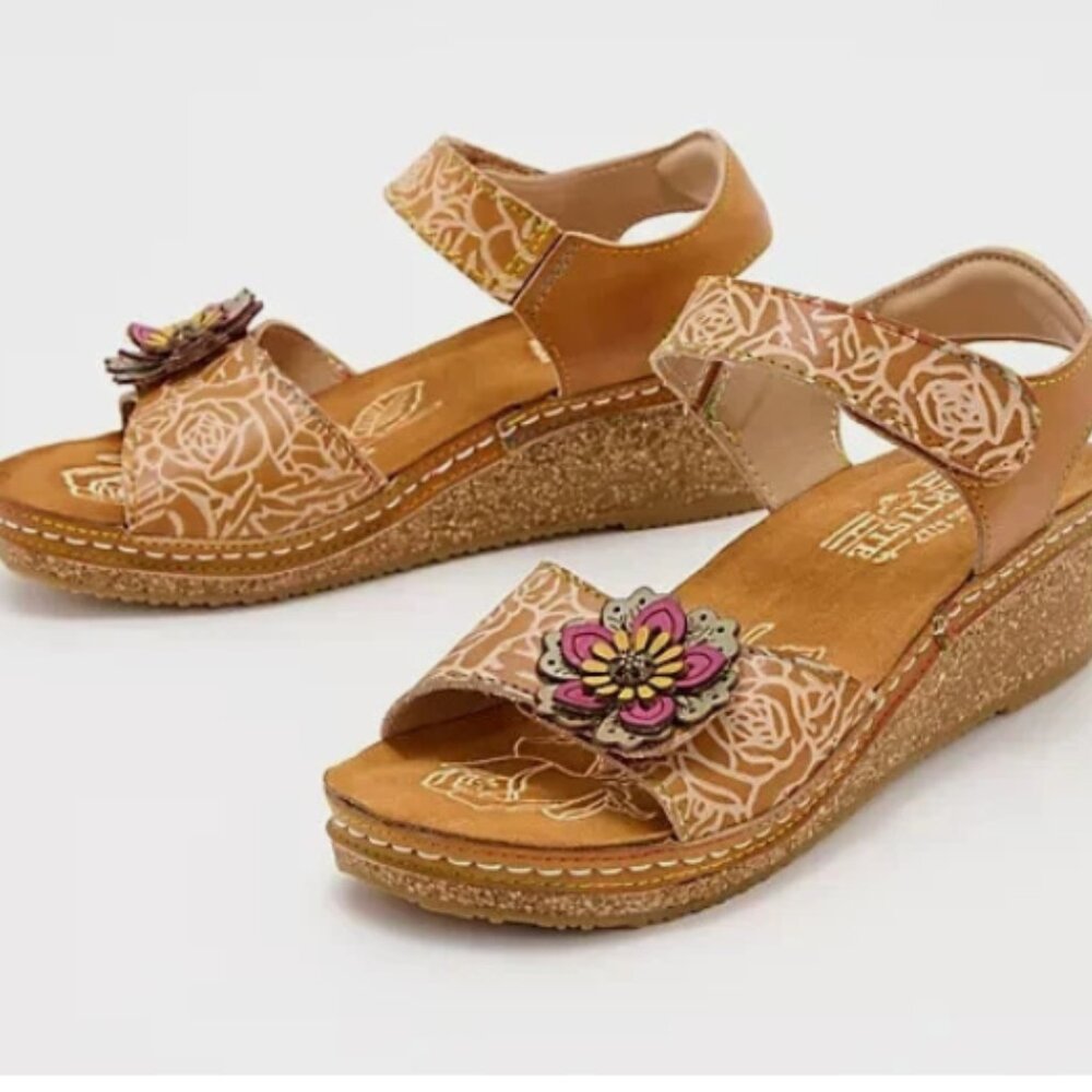 L'Artiste Spring Step Leather Wedge Sandals-Cuteness-Camel-EU35 (5)-A587756
